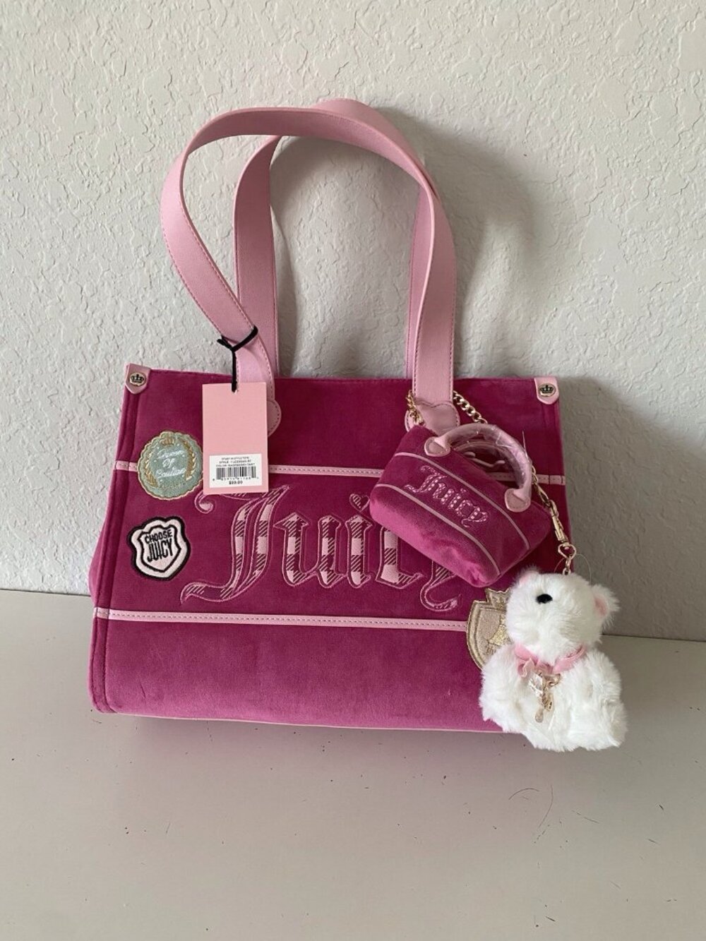 Juicy Couture Study In Style Tote W\Charm Dog And Mini Bag In Raspberry Tart NEW